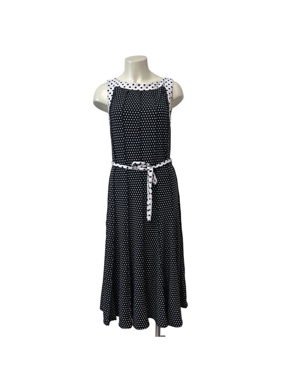 Haani Polka Dot Midi Dress Women’s L Black White Sleeveless Belted